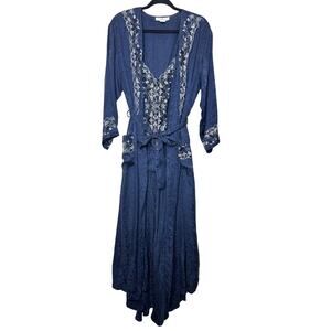Vintage Nordstrom Lingerie Navy Jacquard Silk Lace Nightgown Chemise Slip & Robe